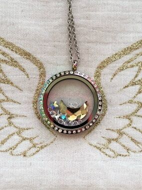 Silver Crystal Moon & Star Crystal Locket Necklace - Floating Pendant